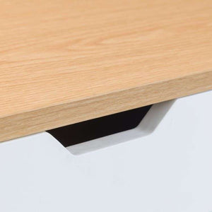 Close up of the oak effect top of the california white home office desk.