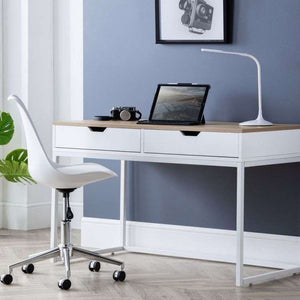 Picture showing  how the california white with oak effect top with 2 drawers of how this would look in your home office.