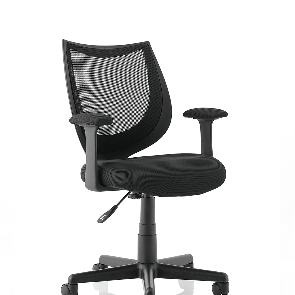 Showing side angle of camden black mesh  contoured back .and cushioned seat with triple lever .and 5-star base.