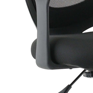 Close up of the mesh backrest and cushioned seatand arm rest.