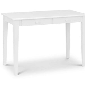 Sude view of the white lacquered two drawer carrington home office desk.