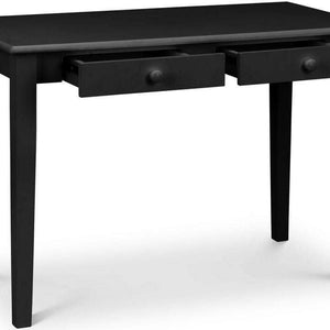 Picture of the black lacquered pine carrington home office desk with the two drawers open.