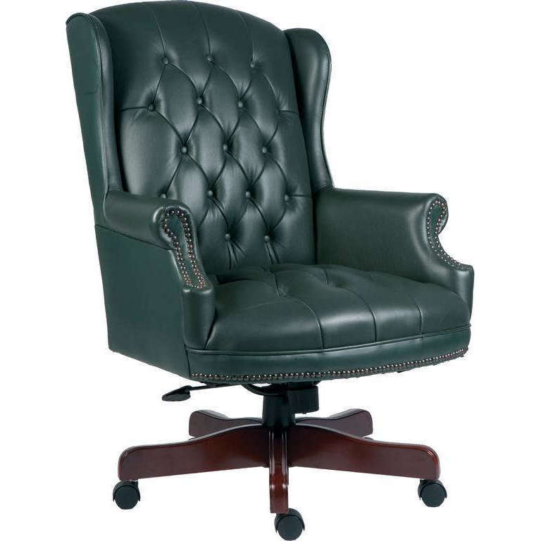 Chairman green leather executive home office chair. with 8 way  hand tied coiled construction seat reclining function with tilt tension and an elegant 5 star base in fruit wood finish.