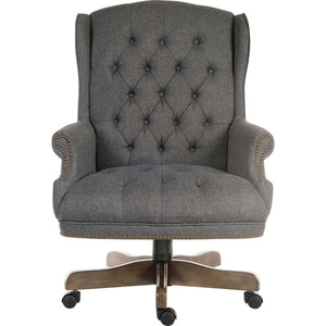 Chairman grey fabric executive home office chair.Hand applied antique brass nail head trim, 8 way hand tied coiled construction seat, with plush look. seat height adjustment with elegant 5 stat base in Driftwood finish.