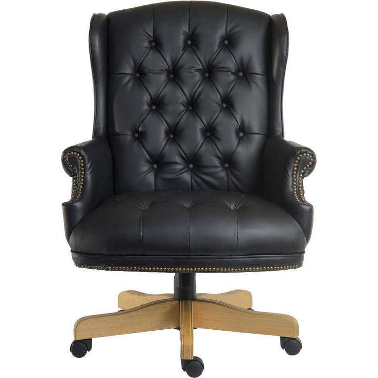 Chairman noir leather faced executive home office chair. with light wood finish 5 starbase. black leather.