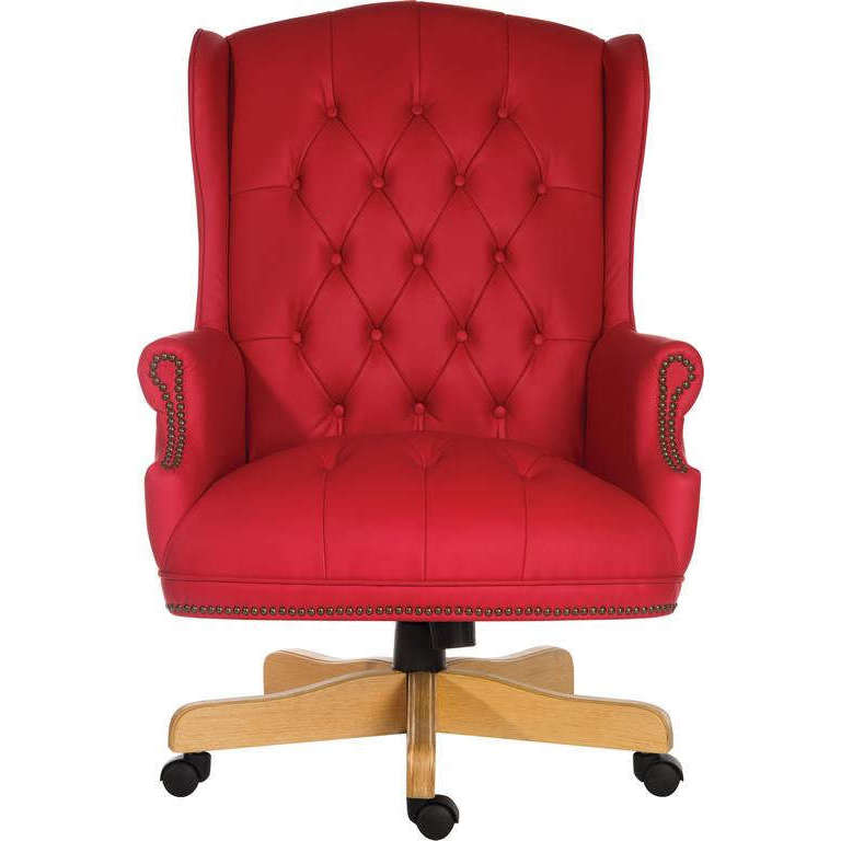 Chairman rouge leather executive home office chair. front on picture  red leather and light wood base.