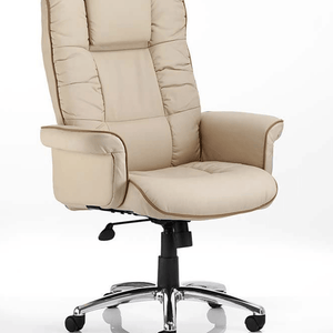 chelsea leather executive chair in cream leather.with chrome 5 star base with castor wheels.