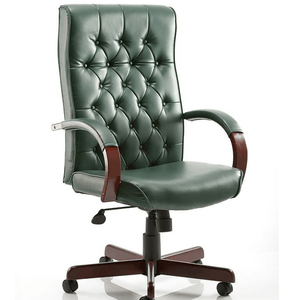 Showing right side view of the green leather faced upholstery padded chesterfield executive chair.