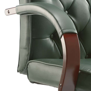 Close up of the chesterfield executive chair with wooden arms that are padded for comfort.