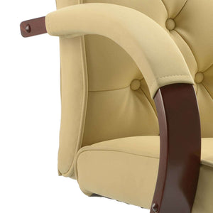 Showing close up of the cream chesterfield executive chair wooden arm with padded arm rest for comfort.