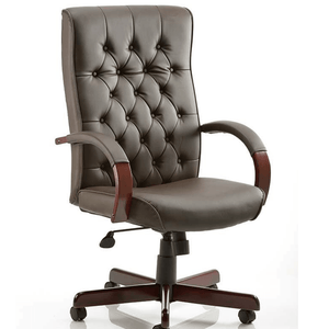 Showing right angle of the brown chesterfield executive leather faced upholstery chair