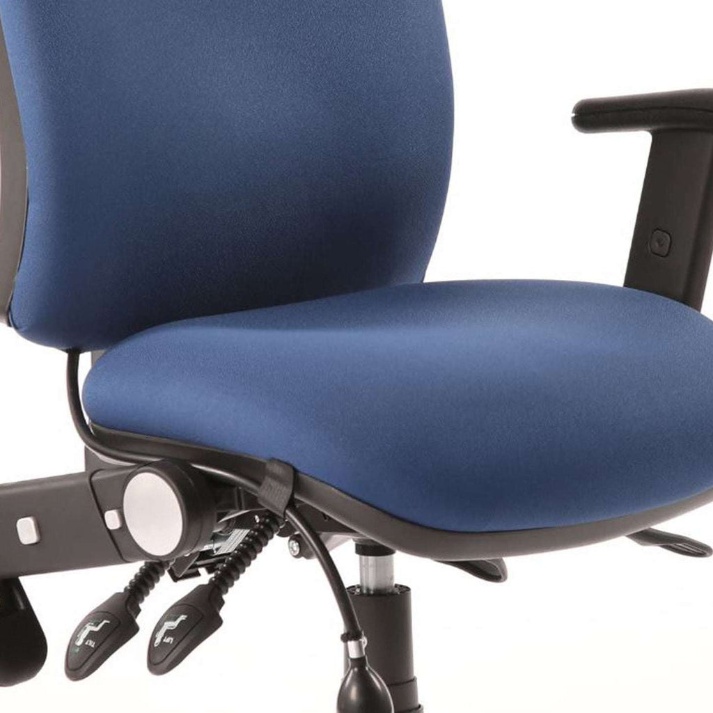 Showing the chiro height adjustable and foldaway arm for the office chair ith blue fabric cushioned seat and backrest.