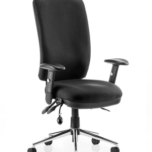 Showing the chiro in high back chair in black fabric  foam seat and backrest with triple lever for pump up lumbar support.chrome 5 star base with castor wheels.