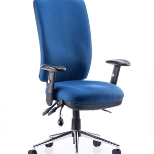 View of the high back chiro chair in blue fabric  foam seat and back  for extra comfort. triple lever, chrome 5star base with castor wheels.