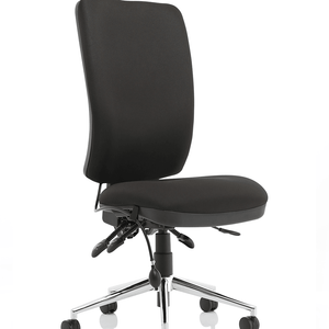 Viw of the black fabric  foam seat and back chiro chair without armrests. 