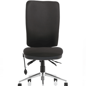 View of the high backed black fabric foam seat and back rest for extra comfort.  without armrests.with chrome 5 star base with castor wheels.