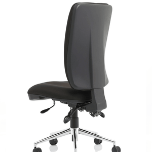 View of the black fabric foam cushioned seat and back for extra comfort . without armrests. showing triple levers and polished chrome 5 star base with castor wheels.