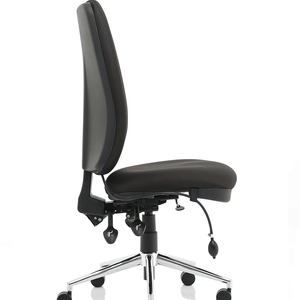 Right side view of the black fabric chiro chair with foam seating and backrest. without armrests.with the triple levers and polished chrome 5 star base with castor wheels.