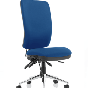 View of the  stavia blue fabric foam seat and backrest for extra comfort. without armrests showing the triple levers for height adjustable chrome 5  star base with castor wheels.