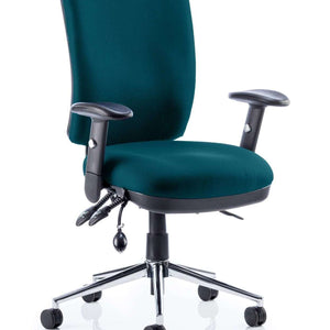 Showing the Maringa teal coloured foam fabric cushioned seat and backrest for extra comfort when working at your home office , with adjustable armrests.