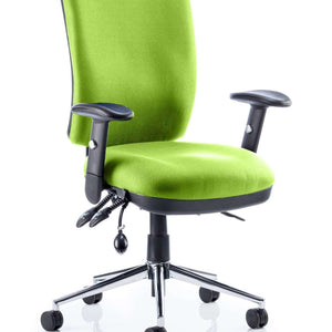 Showing close up of the Myrrh Green coloured fabric foam cushioned seat and backrest, with armrests. showing triple levers and polished chrome 5 star base with castor wheels for easy movement friom the desk.