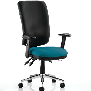 Showing black fabric foam backrest with maringa teal coloured fabric foam cushioned seat for extra comfort .with adjustable arm rests.