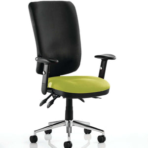 Showing close up of the myrrh green coloured fabric foam seat with black fabric foam backrest for exta comfort when working at your home office desk .