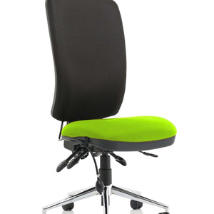 myrrh green colourd fabric foam cushion seat with black fabric foam backrest for extra comfort.without armrests.