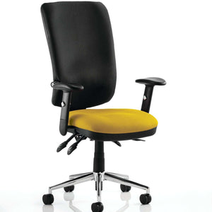 Showing senna yellow coloured fabric foam seating with black fabric foam backrest with armrests.