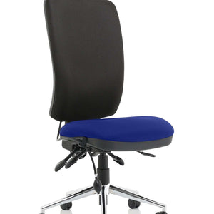 Showing blue fabric foam seat cushion with the black fabric foam backrest , for extra comfort without armrests.