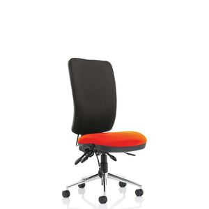 Showing tabasco orange coloured fabric foam cseat cushions with black fabric foam cushion backrest without the armrests. 