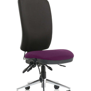 Showing the tansy purple coloured fabric foam seat cushion ,with black fabric foam backrest.without the adjustable armrests.