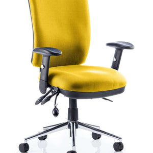 Close up of the senna yellow coloured fabric foam cushion seat ,with black fabric foam backrest , with adjustable arm rests.