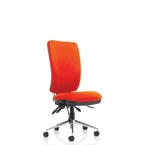 Showing tabasco orange coloured fabric foam cushion and backrest ,without armrets and showing polished chrome 5 strar base with castor wheels.