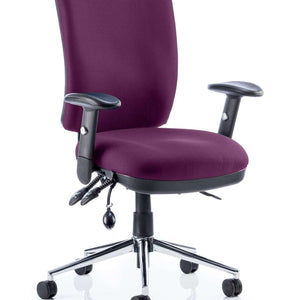 Showing tansy purple coloured fabric foam seating with foam backrest with adjustable armrests.