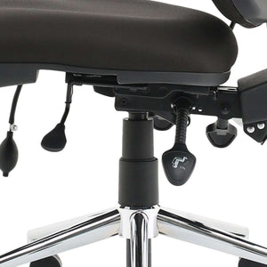 Close up of the polished chrome base with adjustable levers.and black fabric foam cushioned seat.