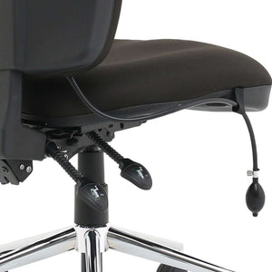 Close up of the black fabric cfoam seat with levers and chrome star base.