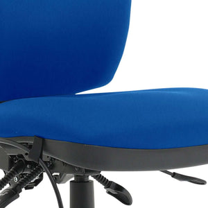 Closse up of the blue fabric foam cushion seat and backrest. 