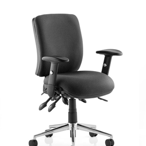 Showing black fabric medium back oprator chair with foam cushioned seat band backrest