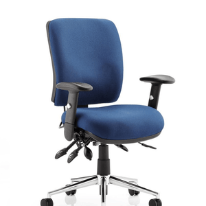 Showing blue fabric foam cushion seat and foam cushioned backrest with adjustable armrests