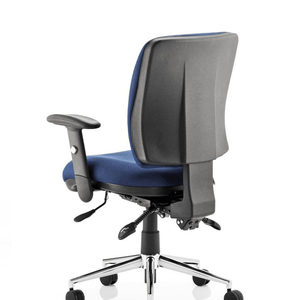 Side view of the blue fabric foam seat cushion with medium back and adjustable armrests. Edit alt text