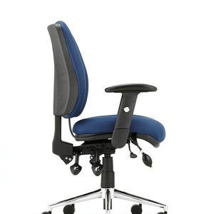 Side view of the blue fabric foam cushion with adjustable armrests. seat with chiro medium back operator chair.with adjustable arm rests.