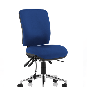 Showing blue fabric foam cushioned seat and backrest , chiro medium back chair witout adjustable arms