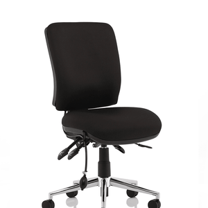 Showing the chiro mdedium backed operator chair in black fabric foam cushion seat and foam backrest without arms.