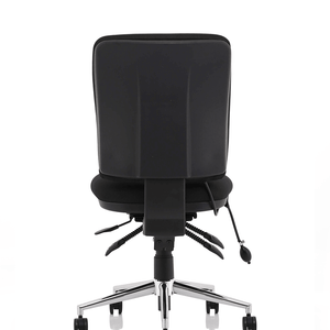 Showing back view of the black fabric chair with triple levers and 5 star chrome base with castor wheels.