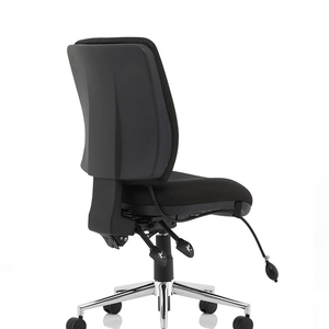 Right angle of the black foam cushioned medium back chair , with polished chrome 5 star base with castor wheels. 