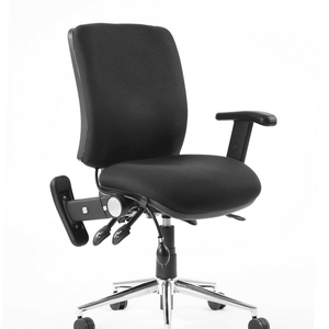 Showing right angle of the black fabric foam cushionseat and backrest with adjustable armrests.