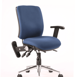 Showing blue fabric foam cushioned seat and backrest with adjustable armrest.