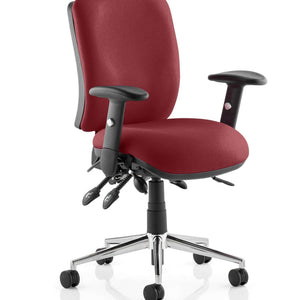 Showing the Ginseng chilli coloured fabricchiro medium backed operator chair with contoured cushioned seat and backrest.