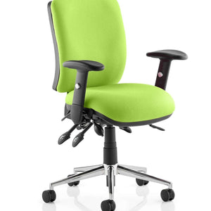 Showing the Myrrh green coloured fabric chiro medium back operator chair.with armrests.